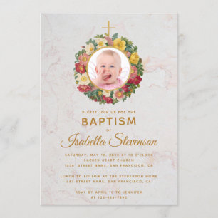 Convite Rapariga Baptismo Foto Rosa Wreath Cross Marble Fl