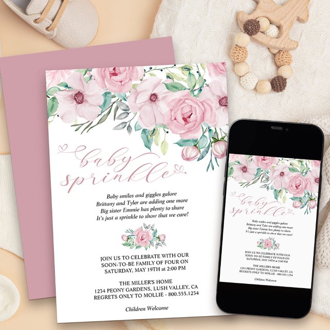 Convite Rapariga Bebê Sprinkle Watercolor Floral Peony Buq (Pink Floral Baby Sprinkle invitation - message me to create additional templates
)