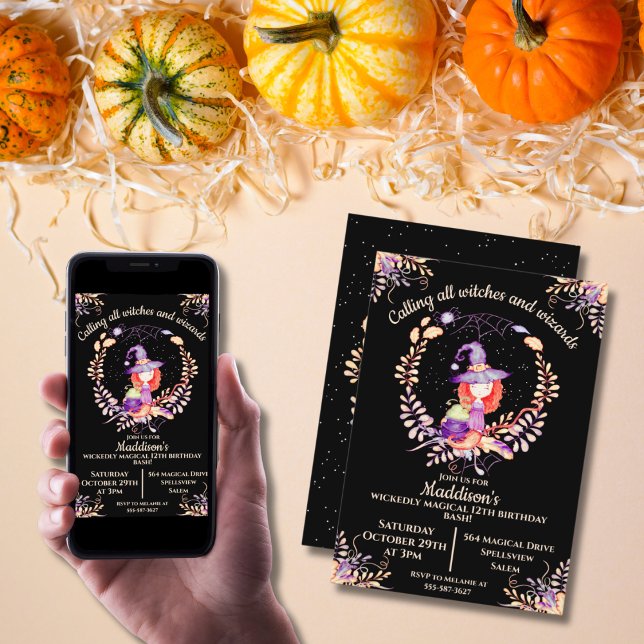 Convite Rapariga Bruxa Watercolor (Criador carregado)