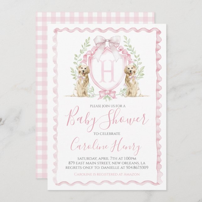 Convite Rapariga Cachorro Chá de fraldas Puppy Pink Gingha (Frente/Verso)