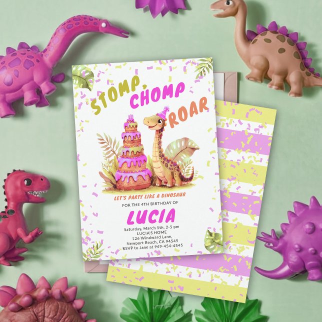 Convite Rapariga-Cama-Cama-Cama-De-Nascimento Gigante Dino (dinosaur girl birthday party dino stomp chomp roar funny watercolor giant cake prehistoric wild)