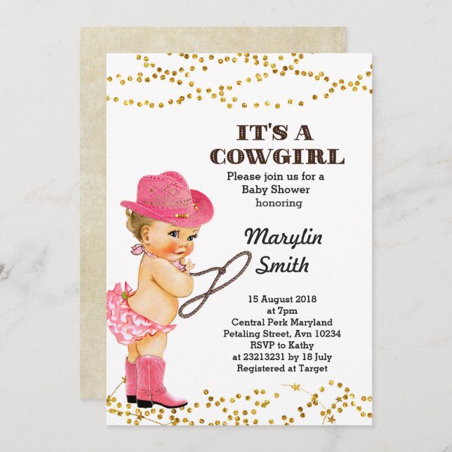 Convite Rapariga Chá de fraldas Rústica De Garota Rosa (Frente/Verso)