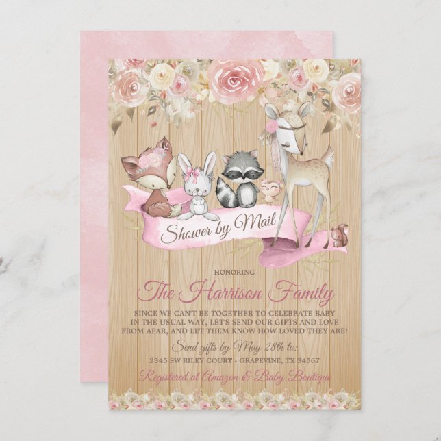 Convite Rapariga Chá de fraldas Virtual Sweet Woodland Por (Frente/Verso)