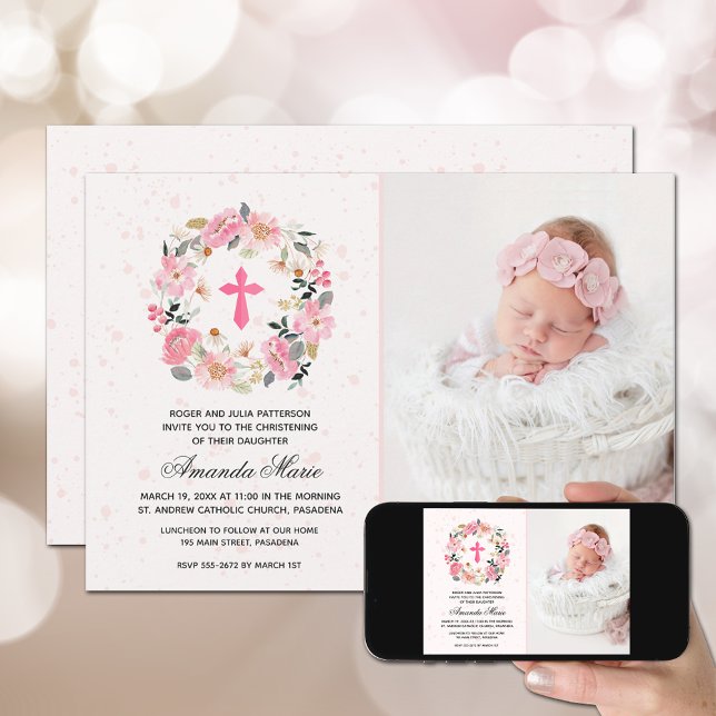 Convite Rapariga Christening Watercolor Floral Rosa (Criador carregado)