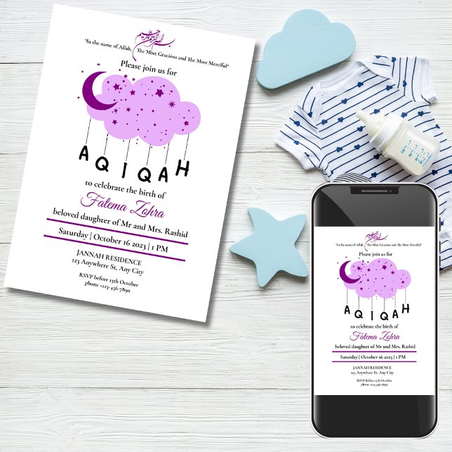 Convite Rapariga Da Nuvem Roxa Rapariga Muçulmana Aqiqah (Purple Moon Cloud Star Baby Girl Muslim Aqiqah Invitation)