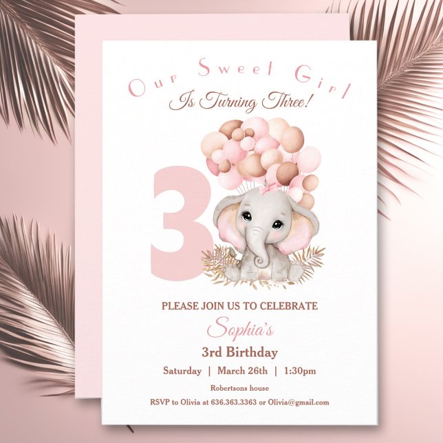 Convite Rapariga de Aniversário Convidando Elefante Rosa B (Birthday Girl Invitation Cute Pink Elephant)