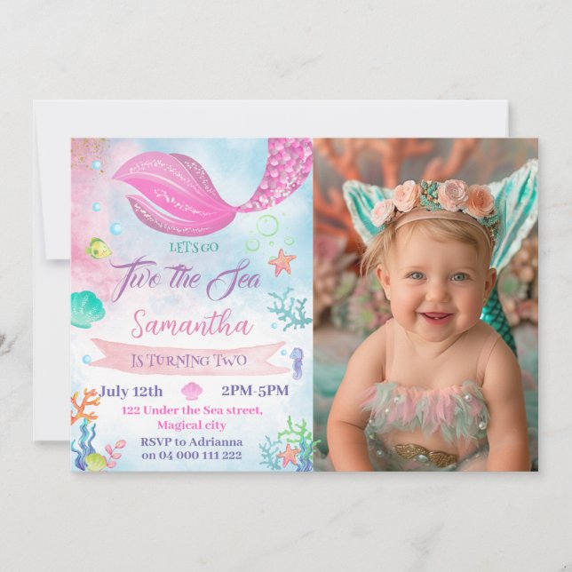 Convite Rapariga de aniversário de fotos do segundo Sereia (Frente)