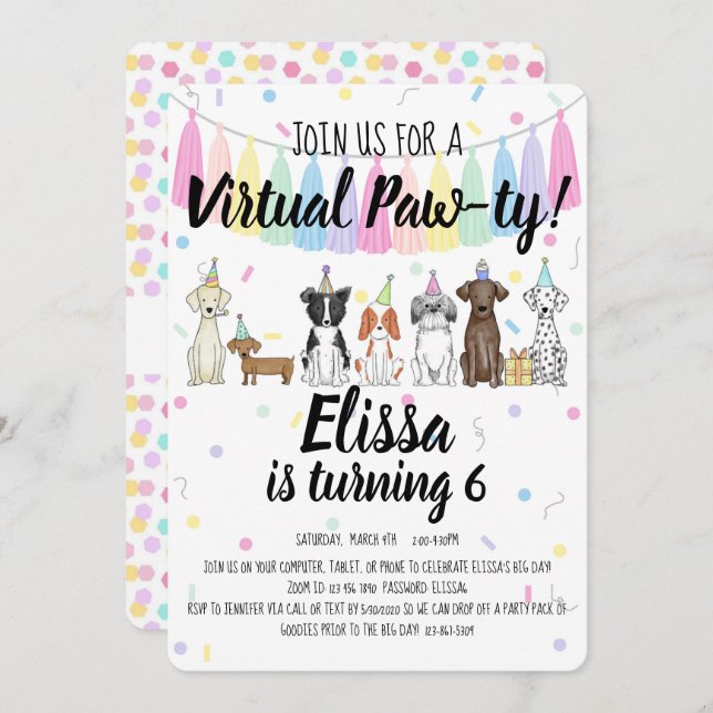 Convite Rapariga de Cachorro Virtual Puppy Pawthday (Frente/Verso)
