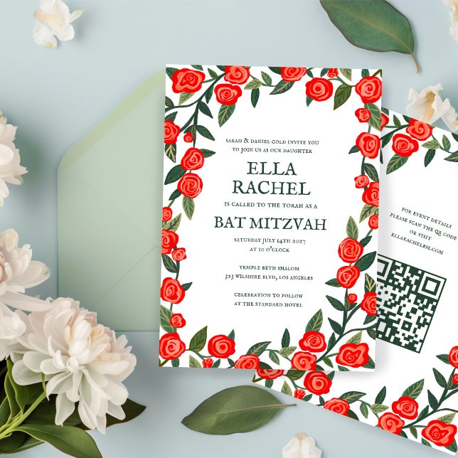 Convite Rapariga de Código QR do Bar de Bat Personalizado  (Red Roses Custom B'nai Bat Bar Mitzvah QR Code Girl Modern Invitation
)