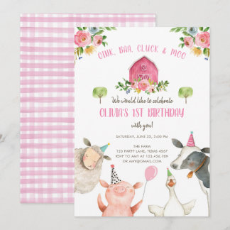 Convite Rapariga de Fazenda Rosa Gingham Barnyard Aniversá