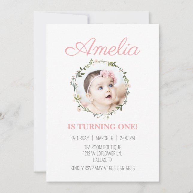 Convite Rapariga de Flores Rosa-Rosa-Dourada-Rosa-Dourada  (Frente)