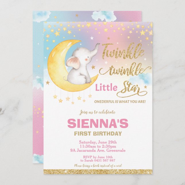 Convite Rapariga de primeiro aniversario Elefante de Estre (Frente/Verso)