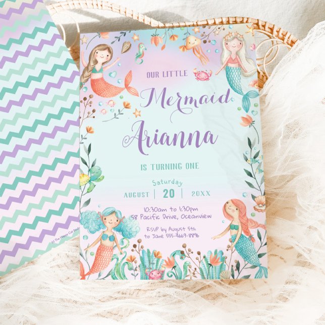 Convite Rapariga de Sereia Bonita Aniversário Debaixo da P (Criador carregado)
