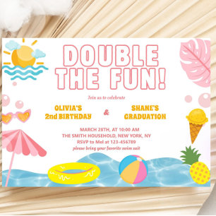 Convite Rapariga de Verão Sibling Birthday e Graduação