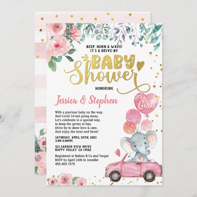 Convite Rapariga Dirigida Por Elefante Rosa De Parada De C (Frente/Verso)