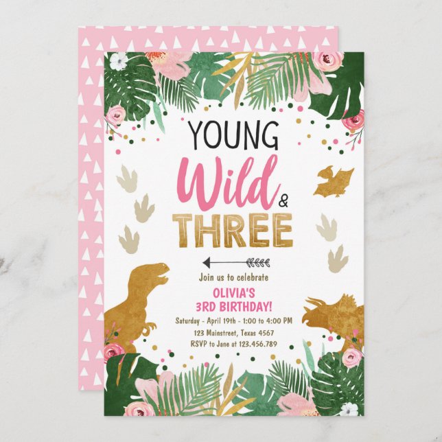 Convite Rapariga do Partido Dino Selvagem, Dinossauro Rosa (Frente/Verso)