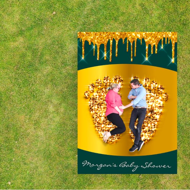 Convite Rapariga dos Pés do Chá de fraldas Real Dourada Ve (Royal Baby Shower Feet Girl Boy Gold Green Invitation)