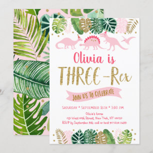 Convite Rapariga Dourada rosa Dinossauro TRÊS REX Anivers