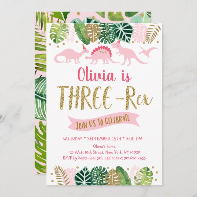 Convite Rapariga Dourada rosa Dinossauro TRÊS REX Aniversá (Frente/Verso)