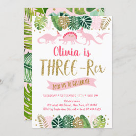 Convite Rapariga Dourada rosa Dinossauro TRÊS REX Aniversá
