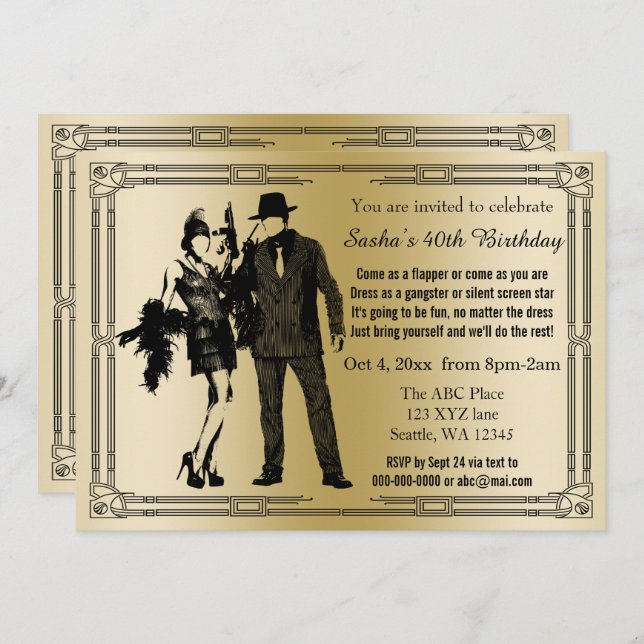 Convite Rapariga e gangster de arte deco de 20 (Frente/Verso)