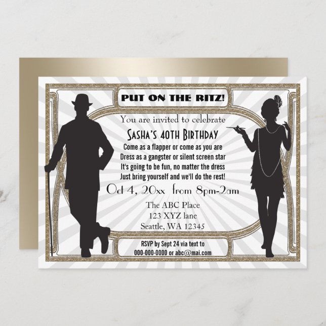 Convite Rapariga e gangster de arte deco de 20 (Frente/Verso)