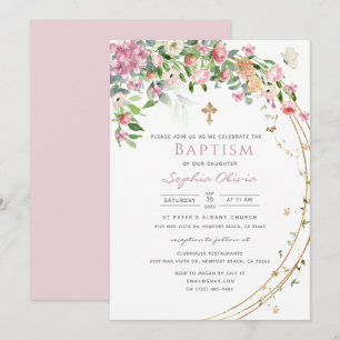 Convite Rapariga Floral Cor de Água Rosa Elegante - Batism