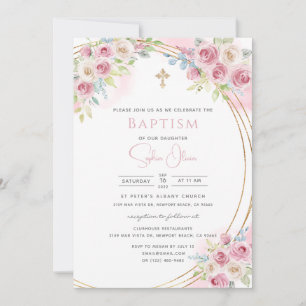 Convite Rapariga Floral Cor de Água Rosa Elegante - Batism
