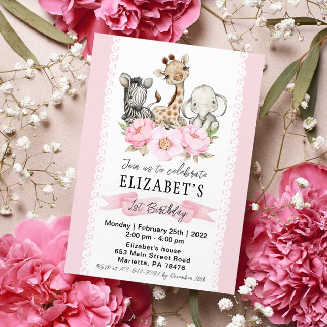 Convite Rapariga Floral Safari Bebês Aniversário (Criador carregado)