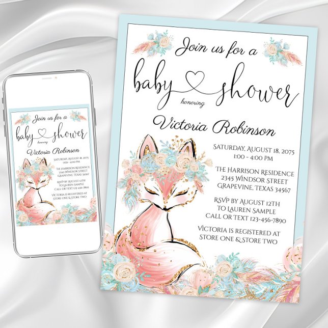 Convite Rapariga Fox Rosa Teto Dourado Chá de fraldas de A (Girl fox baby shower invitation. Instant download and printed invitations available.)