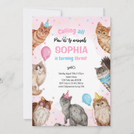 Convite Rapariga Gato Animais Pawty Aniversário