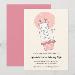 Convite Rapariga Giraffe Hot Air Balloon Primeira Festa de