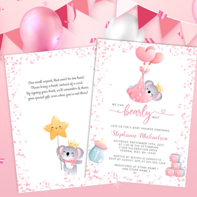 Convite Rapariga Koala Ursa com Chá de fraldas de Solicita (Girl Koala Bear with Book Request Baby Shower Invitation)