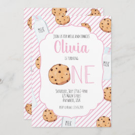 Convite Rapariga Leite e Biscoitos Rosa Primeiro Aniversár