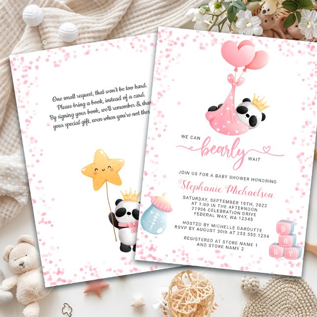 Convite Rapariga Panda Bprecoce Pedido de Chá de fraldas d (Girl Panda Bearly Wait Baby Shower Book Request Invitation)