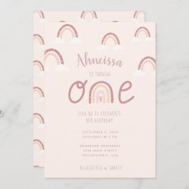Convite Rapariga Pastel Rosa Arco-Íris Nuvens Primeiro Ani