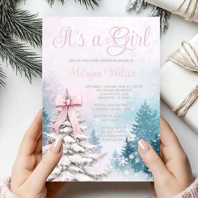 Convite Rapariga Pastel Watercolor Árvores Maravilhosas (Beautiful pastel winter wonderland girl baby shower invitation. Simply add your event details.)