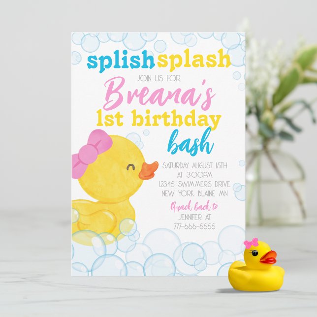 Convite Rapariga Pato-de-Borracha Espalha Borracha Anivers (Girl Rubber Duck 1st Birthday Party Invites. Available printed with envelopes or digital download)
