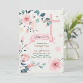 Convite Rapariga Peach Blossomo Cruz Cristã Batismo