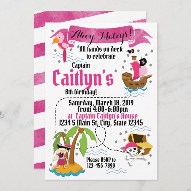 Convite Rapariga Pirata Aniversário (Frente/Verso)