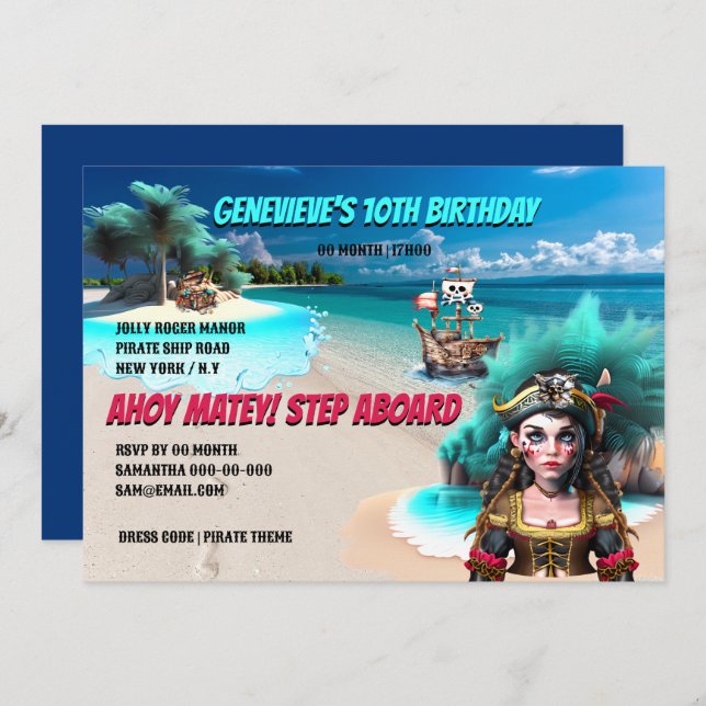 Convite Rapariga pirata, navio pirata do tesouro da ilha (Frente/Verso)