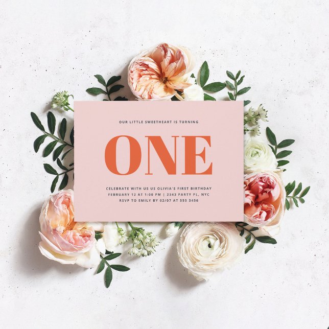 Convite Rapariga Primeiro Aniversário Moderno Pastel Rosa (Criador carregado)