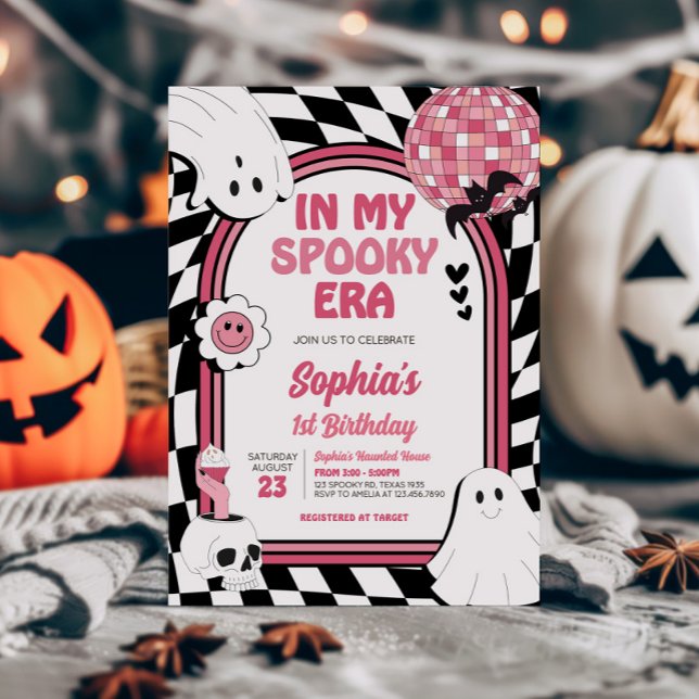 Convite Rapariga Retro Ghost Halloween Aniversário (Pink Retro Ghost Halloween In My Spooky Era Birthday Invitation)