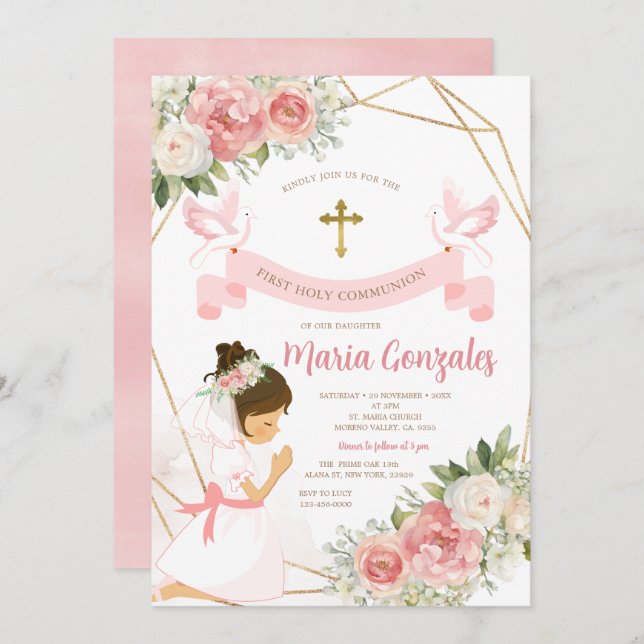 Convite Rapariga Rezando Dourada Primeira Sagrada Comunhão (Frente/Verso)