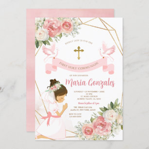 Convite Rapariga Rezando Dourada Primeira Sagrada Comunhão