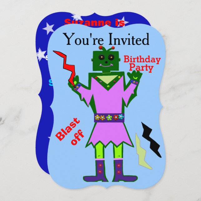 Convite Rapariga Robô Explode e Stars Festa de aniversário (Frente/Verso)
