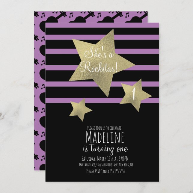 Convite Rapariga Rockstar Guitar Faux Estrela Dourada Aniv (Frente/Verso)