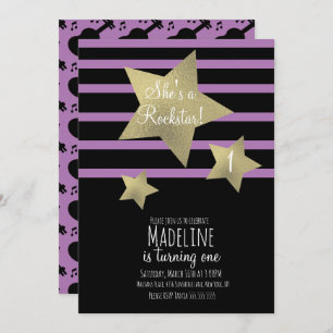 Convite Rapariga Rockstar Guitar Faux Estrela Dourada Aniv