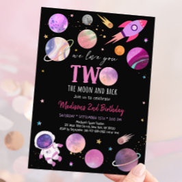 Convite Rapariga Rosa Astronauta Espaço Dois No Aniversári