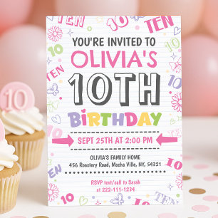 Convite Rapariga Rosa Dodle 10º Aniversário